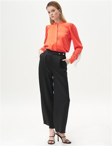 Satin Blouse with Dangling Chain Detail in Coral