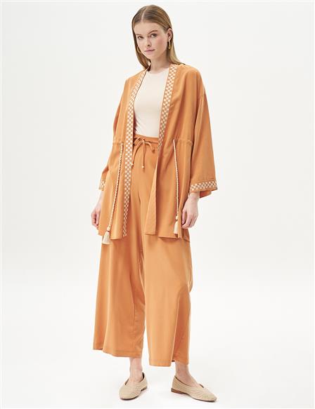 Checkerboard Patterned Waist Gathered Double Suit Amber