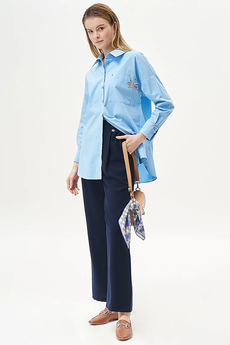  Pleated Pocket Detail Basic Pants Navy Blue
