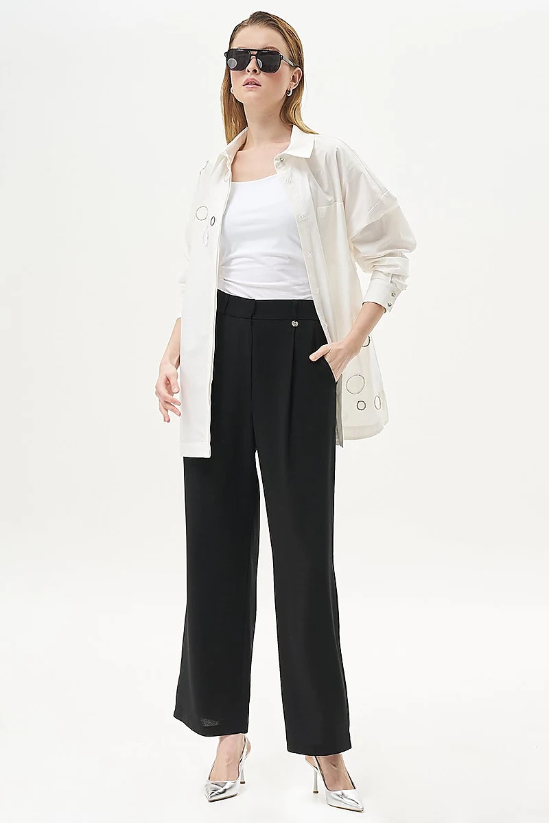 Pleated Pocket Detail Basic Pants Black