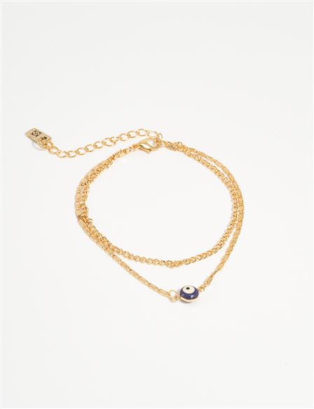 Double Appearance Evil Eye Bead Figured Anklet Gold