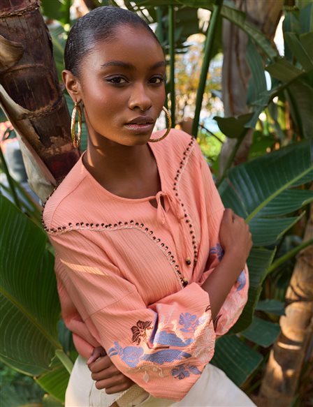 Embroidered Seersucker Blouse Peach