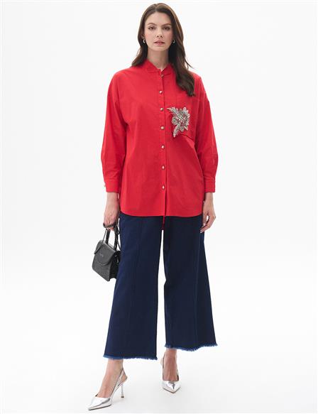 Stone Embellished Poplin Tunic Red