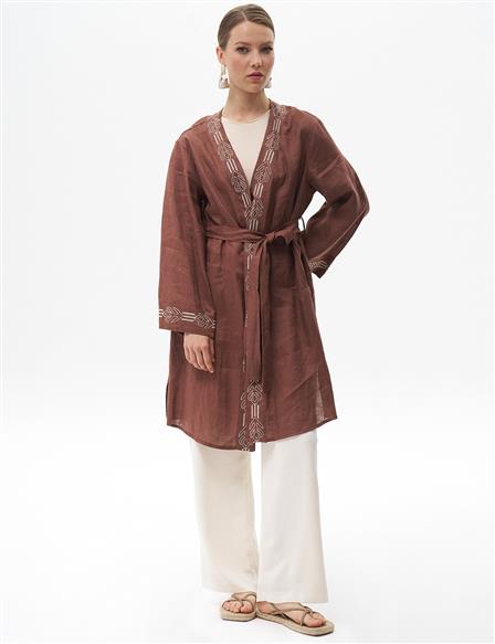 Embroidered Linen Jacket Brown