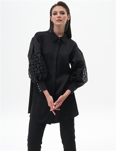 Satin Tunic with Sleeve Detail Black