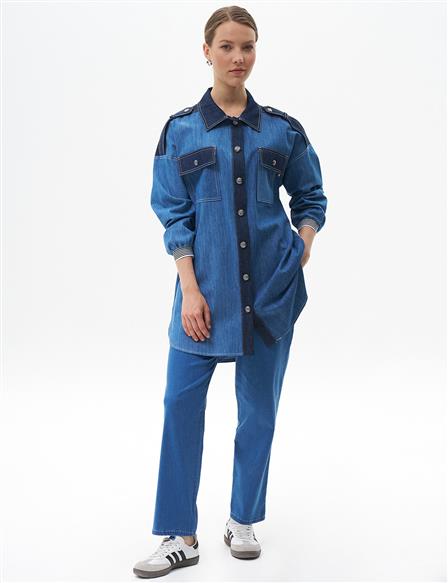 Epaulette Detailed Fabric Mixed Jacket Navy Blue