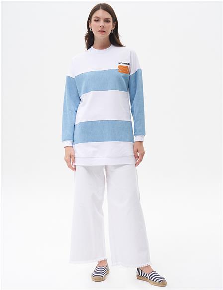 Nakışlı Kumaş Garnili Sweatshirt Optik Beyaz