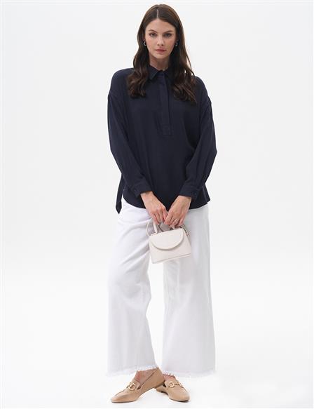 Half Placket Viscose Shirt Navy Blue
