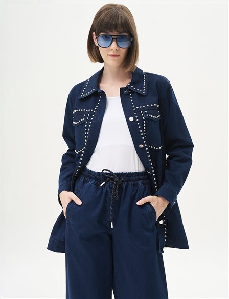 Trok Baskılı Denim Ceket Lacivert