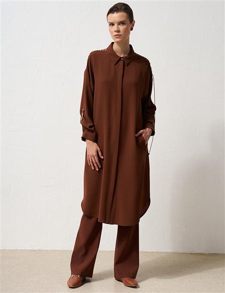 Accessory Detailed Shirt Collar Tunic Brown