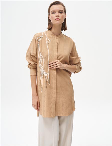 Embroidered Appliqué Crinkle Tunic Beige