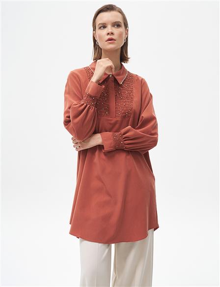 Stone Embroidered Shirt Collar Natural Fabric Tunic Tile