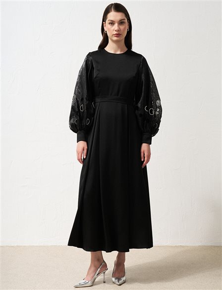 Stone Embellished Satin Dress Black