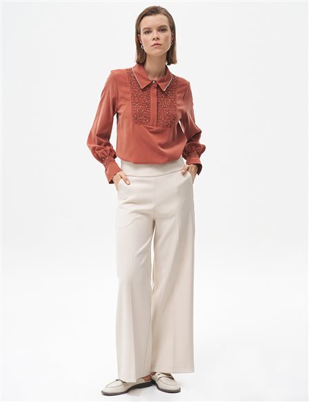 Iron-On Trace Wide Leg Trousers Cream