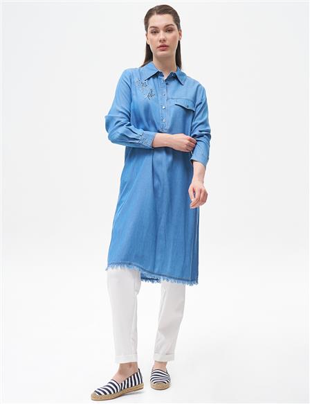 Embroidered Lyocell Tunic Blue