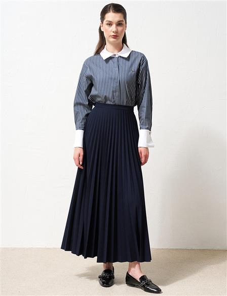Zippered Pleated Skirt Navy Blue