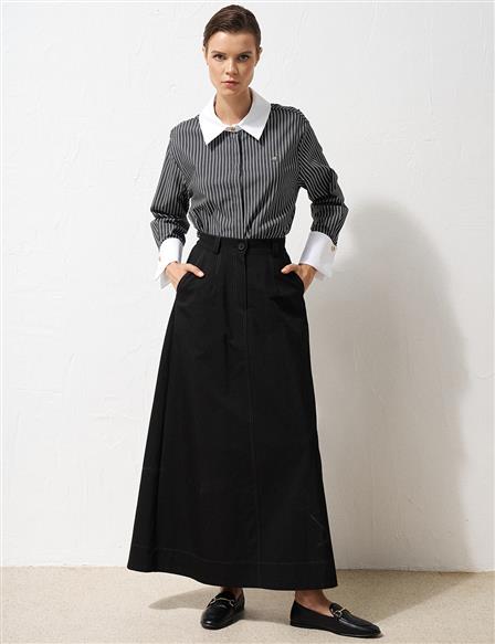 Elastic Waist Canvas Flared Skirt Black
