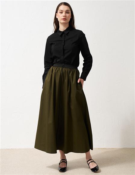 Elastic Waist Canvas Flared Skirt Khaki