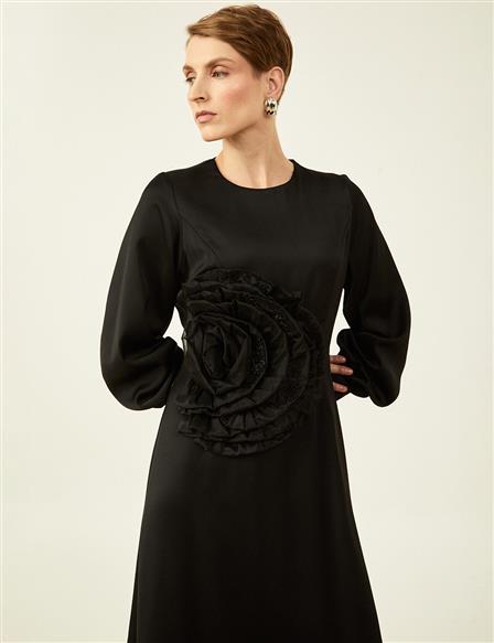 Rose Motif Satin Dress Black