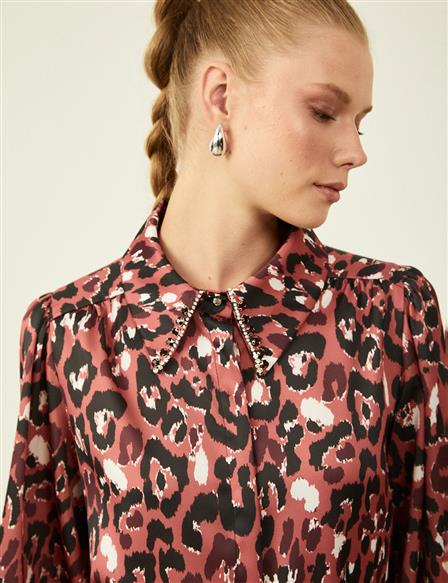 Leopard Patterned Embroidered Satin Blouse Burgundy