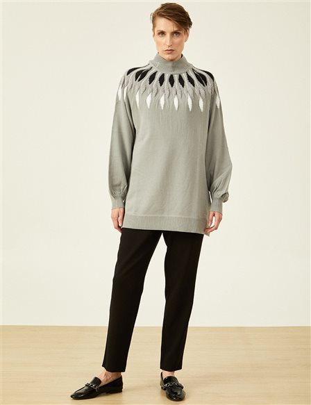 Balloon Sleeve Half Turtleneck Knitwear Tunic Gray