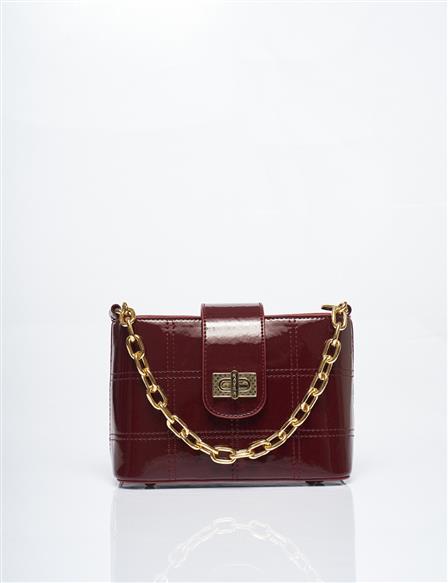 Chain Detailed Patent Leather Bag Claret Red