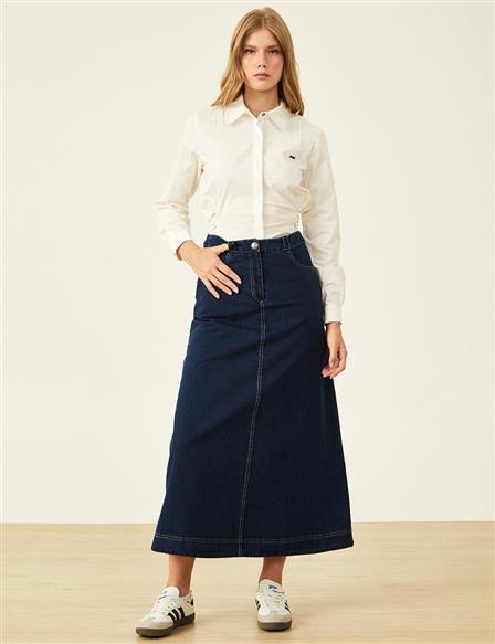 Pocket Detailed Denim Skirt Navy Blue