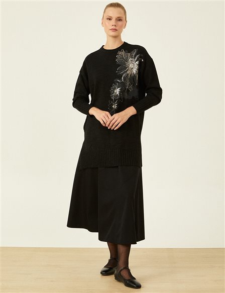 Embroidered Knitwear Tunic Black