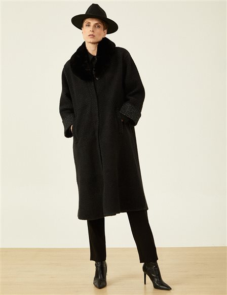 Faux Fur Detail Knitwear Coat Black