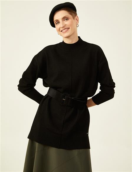 Knit Tunic with Stitch Details Black