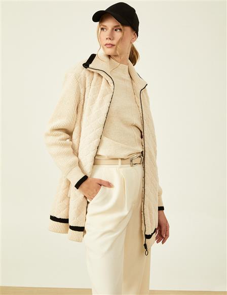 Knit Mixed Plush Jacket Cream