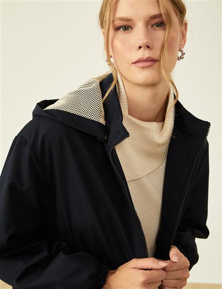 Mesh-Accented Hooded Coat Dark Navy Blue