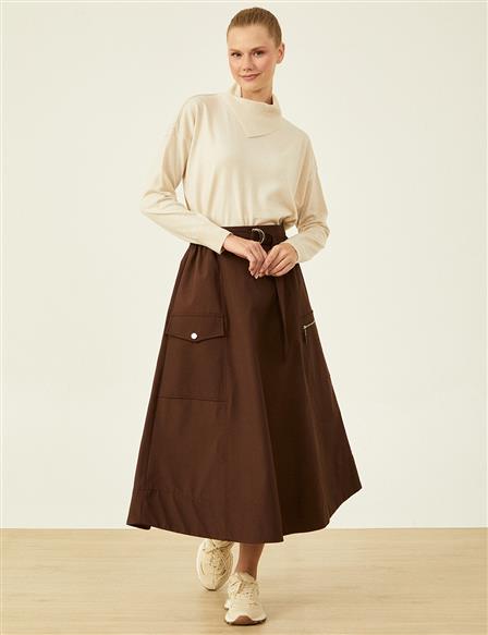 Metal Accessory Detailed Bell Skirt Dark Brown