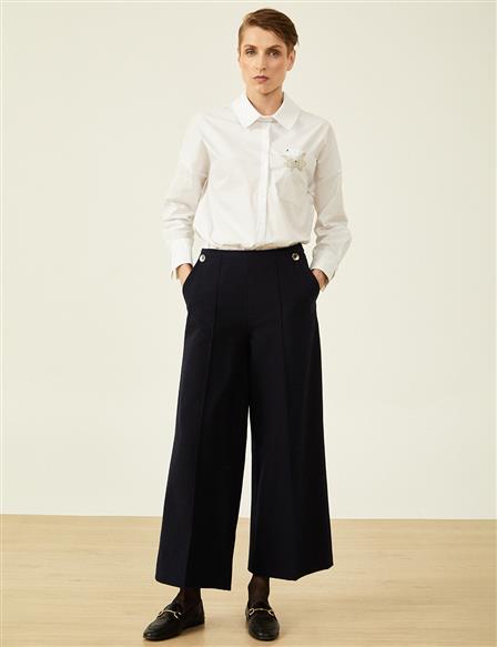 Button Detailed High Waist Trousers Dark Navy Blue