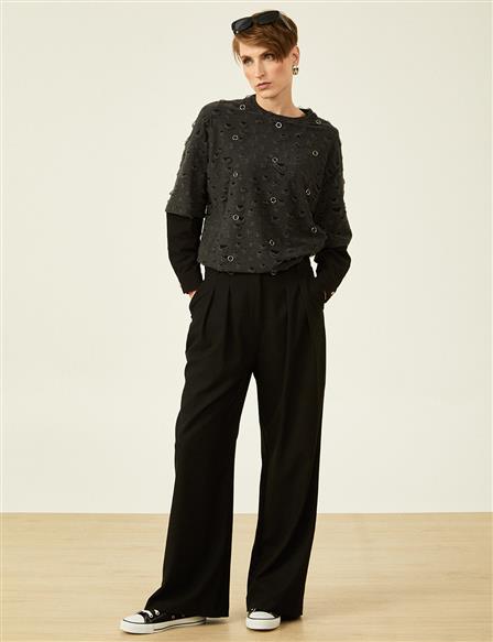 Double Pleated Detailed High Waist Trousers Black