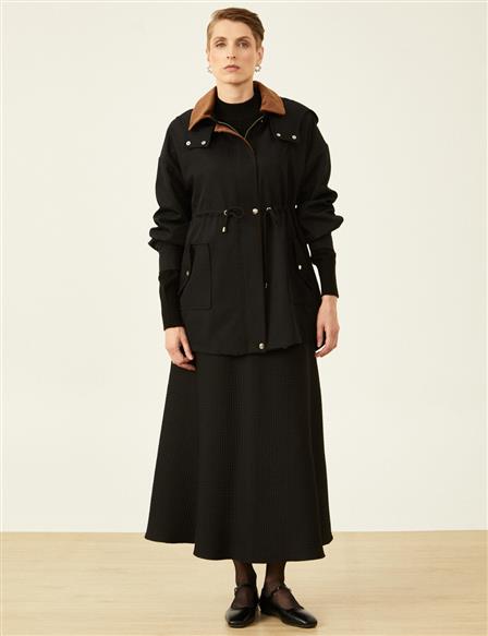 Velvet Mixed Waist Drawstring Coat Black