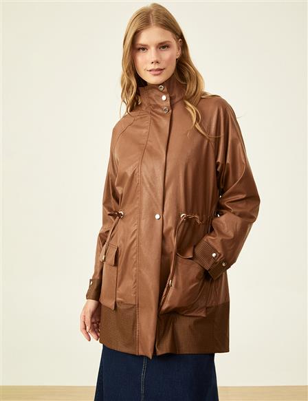 Detailed High Collar Trench Coat - Camel