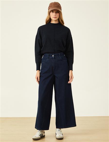 Wide Leg Denim Trousers Navy Blue