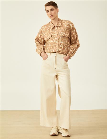 Wide Leg Denim Trousers Cream