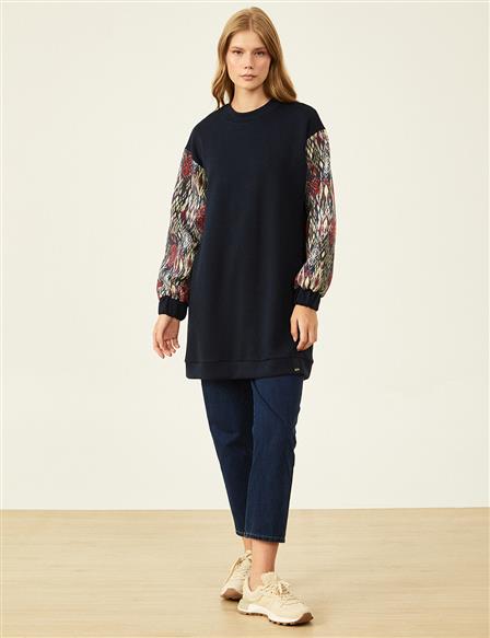 Embroidered Garnished Sweatshirt Navy Blue