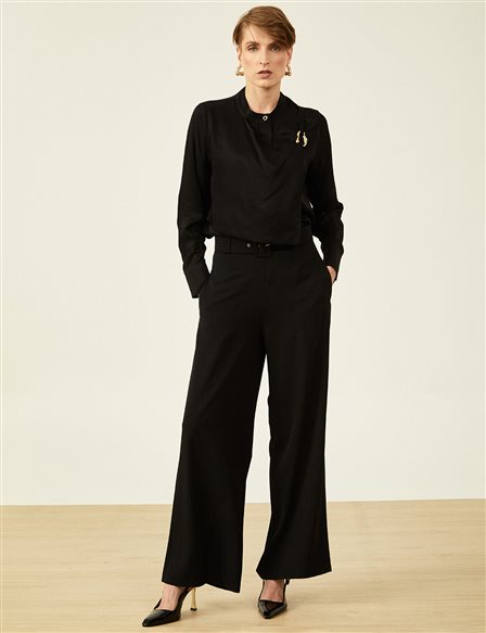 Belt Detailed Wide Leg Trousers Black