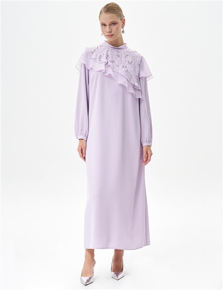 Embroidered Ruffle Neck Dress Lilac