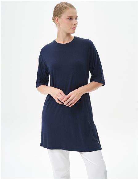 Collar Basic Short Sleeved T-shirt Navy Blue