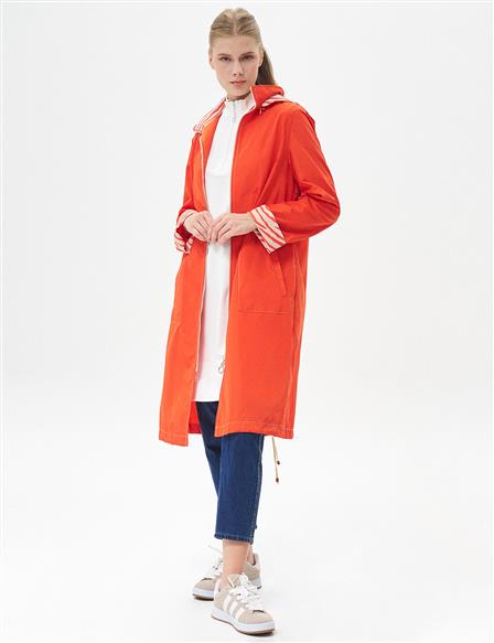 Zippered Garnished Trench Coat Coral