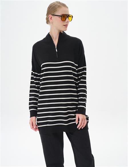 Line Patterned Knitwear Tunic Black-Optic White