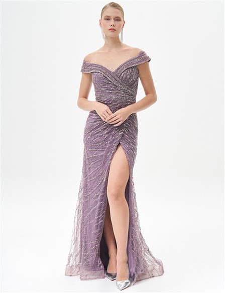 Deep Slit Boat Neck Evening Dress Lavender