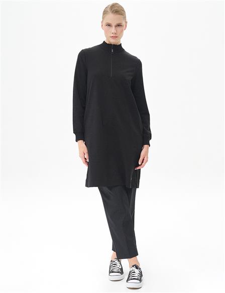 Half Zipper Closure Tunic Black