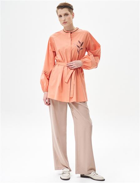 Ribbed Detailed Poplin Tunic Peach