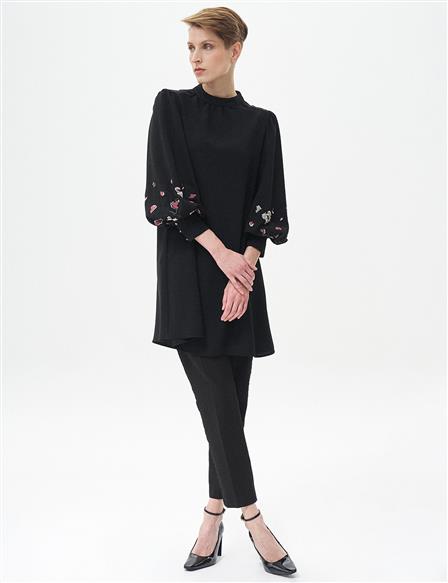 Embroidered Wide Cuff Tunic Black