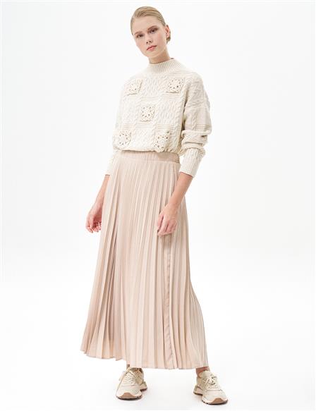 Elastic Waisted Pleated Skirt Cream